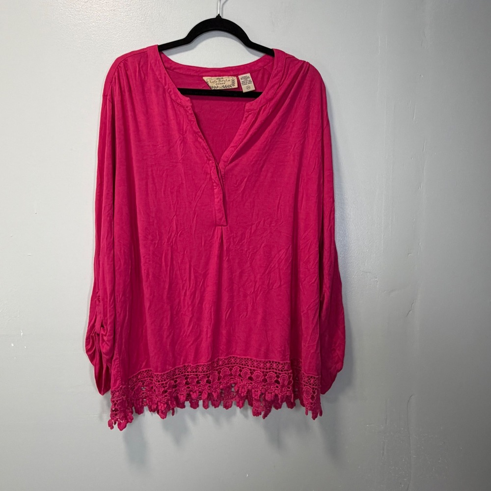 Life Style Woman Pink Lace Trim Henley Blouse 2X Lightweight Bohemian